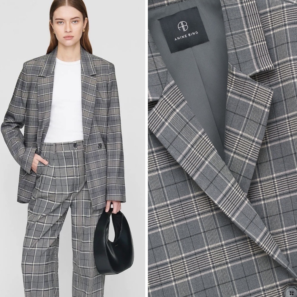 Anine Bing Madeleine Blazer in grey plaid NWT